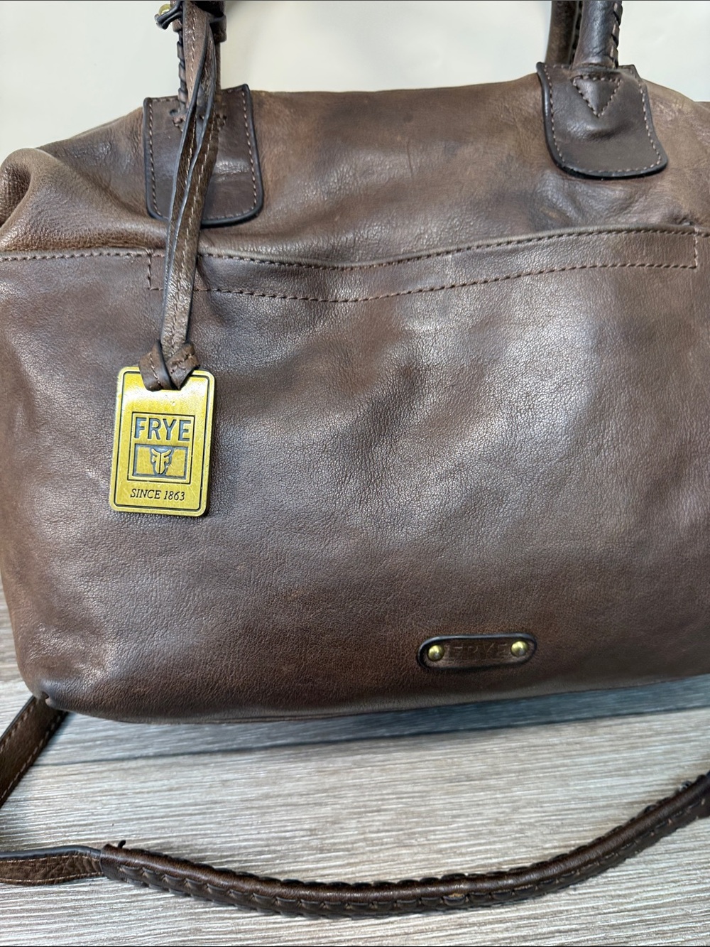 FRYE Dark Brown Leather Satchel with Braided Handles - Picture 2 of 12